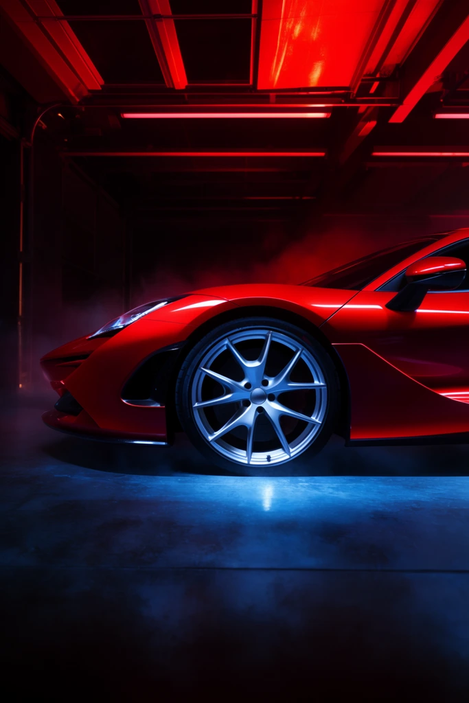 Side profile close-up of a sleek red sports car in a dark, moody garage. Cool blue floor lighting highlights a silver multi-spoke alloy wheel, while intense neon red overhead lights reflect off the aerodynamic body. Deep shadows and low-lying fog add cinematic contrast.