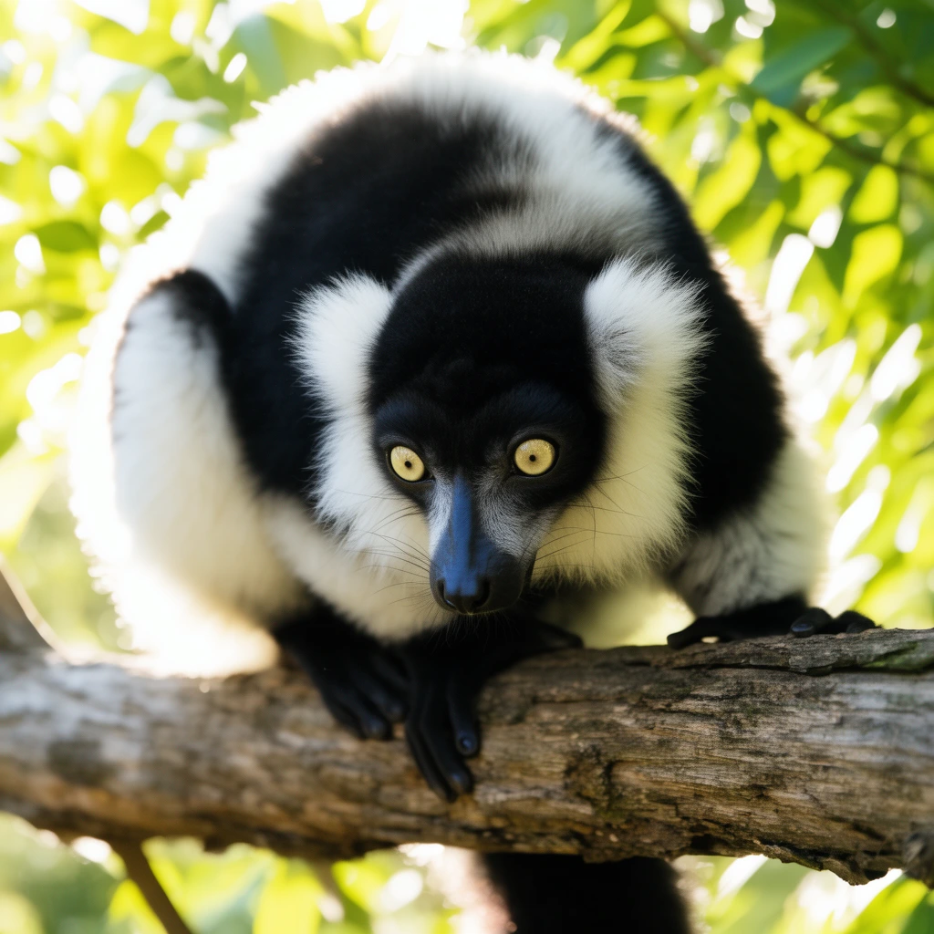 A black-and-white ruffed lemur crouches on a rough tree branch, staring downward with piercing yellow eyes. Its stark dark face is framed by a thick, fluffy white ruff. Bright sunlight heavily backlights the softly blurred green leaves in the background, creating a high-contrast, close-up wildlife portrait with a shallow depth of field that emphasizes the animal's sharp, focused gaze.
