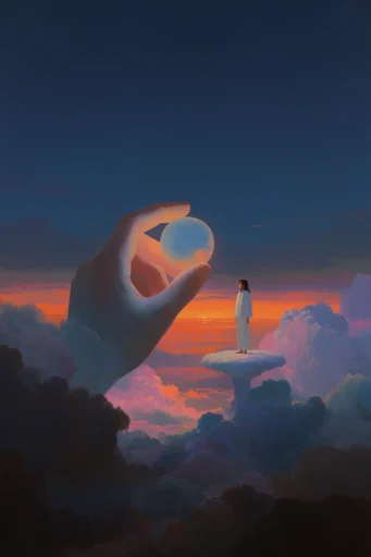 Cosmic Twilight Surrealism style reference image — deep blue and orange palette