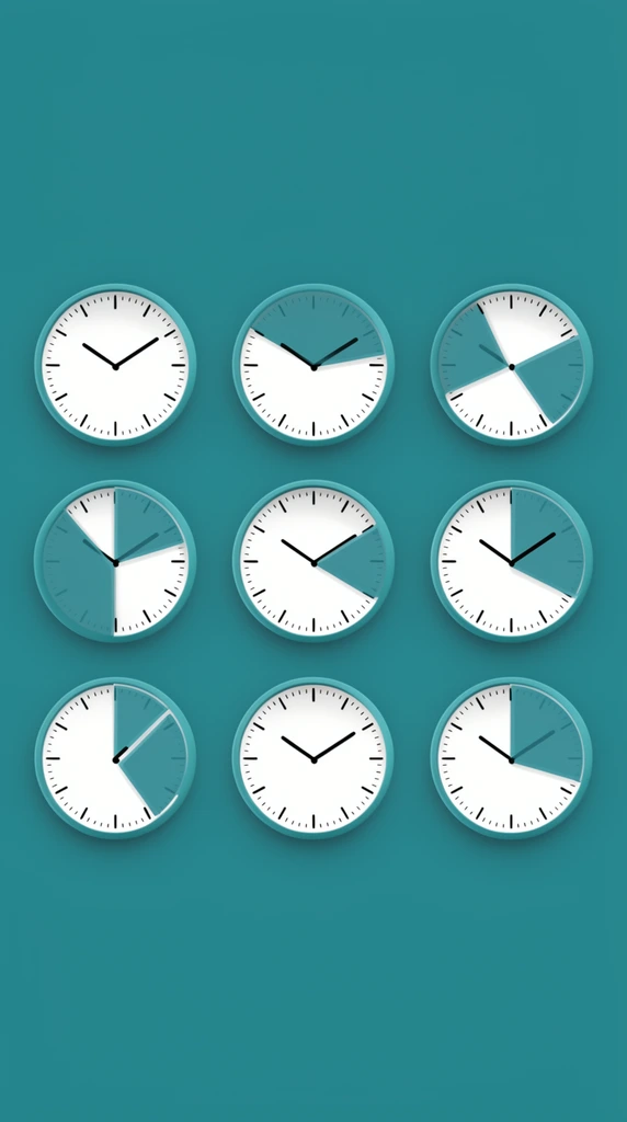A three-by-three grid of minimalist analog wall clocks arranged symmetrically against a solid teal background. Each clock features a crisp white face enclosed by a smooth teal rim, detailed with simple black tick marks and distinct hour and minute hands pointing in various directions. Several of the clock faces are accented with semi-transparent teal pie-chart overlays covering different geometric wedges of the dial. The composition employs a modern, flat vector illustration aesthetic characterized by clean lines, crisp edges, and a tightly controlled monochromatic teal and white color palette. Subtle drop shadows cast downward from each clock provide a slight three-dimensional depth to the graphic, infographic-inspired design.