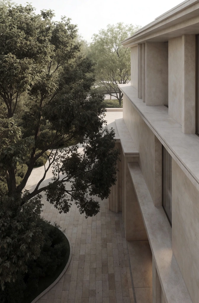 low-angle bird's-eye view, minimalist multi-story building with smooth beige stone walls and clean architectural lines, positioned next to a large lush tree with dense dark green textured foliage, soft diffused daylight, muted earthy color palette of warm neutrals and deep forest greens, elegant interplay between structure and nature, high-end architectural photography, crisp details, vertical composition, serene atmosphere, naturalistic lighting, sophisticated organic minimalism.
