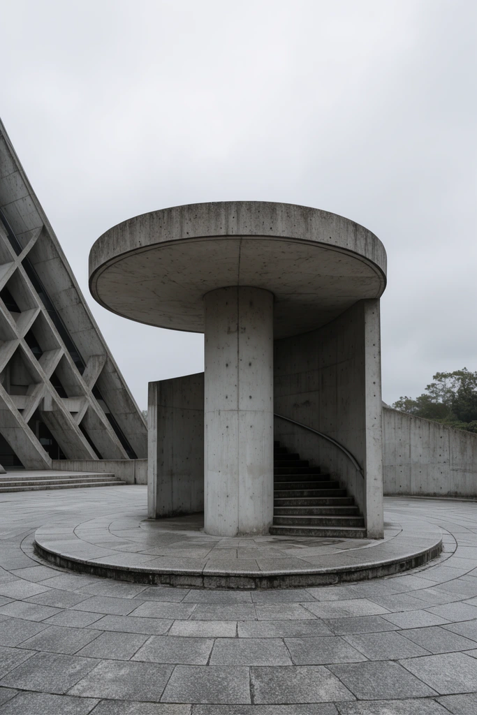 brutalist concrete architecture, central cylindrical pillar under flat canopy, curved concrete wall with staircase, circular stone plaza, massive triangular building with diagonal framing, overcast sky, minimalist geometry, muted grey palette