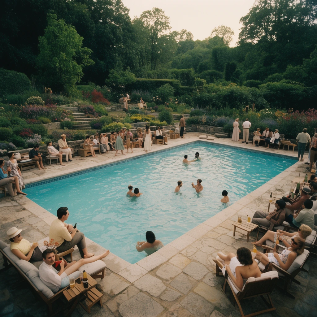 elevated wide shot of a vintage backyard pool party, guests relaxing on stone patios, swimmers in a rectangular pool, lush terraced gardens, soft daylight, cinematic 35mm film aesthetic