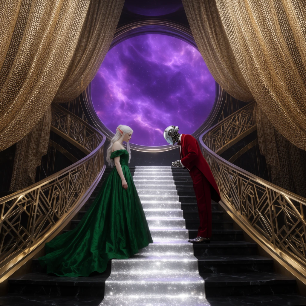 A low-angle view of an elven woman in an emerald ballgown and a robotic aristocrat in crimson formal wear bowing on a sweeping Art Deco obsidian staircase. A glowing silver runner descends between ornate geometric brass railings. Above the landing, massive cascading gold metal mesh curtains frame a giant circular portal revealing a vibrant purple nebula, emphasizing monumental scale and atmospheric romance.