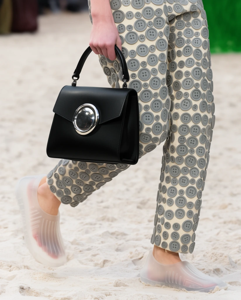 A person walks on sand wearing textured cream trousers patterned with oversized grey button motifs. They hold a structured black leather handbag featuring a prominent silver circular centerpiece. Frosted, translucent rubber shoes with ribbed details cover bare feet. Bright lighting and shallow depth of field isolate the contrasting materials against the blurred background.