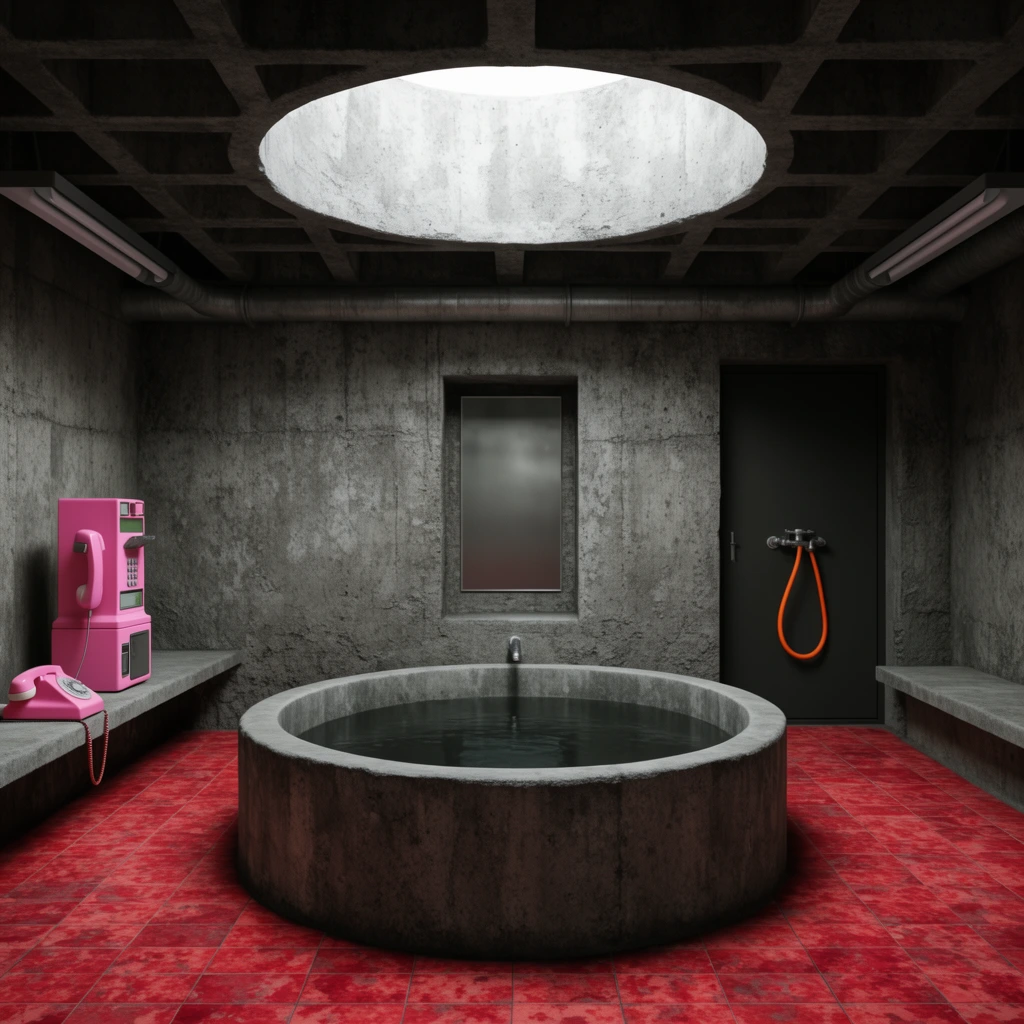 A brutalist subterranean chamber centers on a circular concrete tub filled with dark water. Heavy textured concrete walls and a coffered ceiling with a large circular skylight enclose the symmetrical space. A bright pink payphone and matching rotary phone rest on a left-side concrete bench. A recessed mirror and a dark door equipped with an orange shower hose occupy the back wall. Mottled red square tiles ground the room beneath overhead industrial lighting, highlighting rough architectural textures and stark shadows.