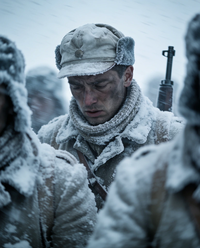 A close-up cinematic shot of a weary soldier standing in a harsh snowstorm, his gaze cast downward with an exhausted, dirt-smudged face. He wears a pale grey winter cap with ear flaps, a thick woven scarf, and a heavy coat, all heavily frosted with accumulated snow. Shallow depth of field isolates him from the matching winter-clad figures blurring the foreground and background. A dark rifle barrel extends behind him. The composition features a cool, bluish-grey color palette, soft diffused lighting, and a gritty film aesthetic emphasizing the freezing atmosphere.