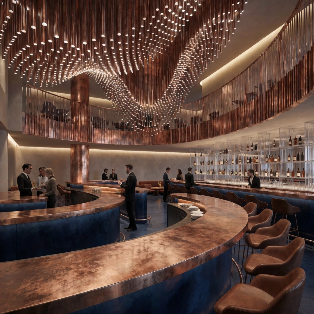 luxurious multi-level lounge and bar interior, sweeping serpentine curved bar counters with textured bronze surfaces and navy blue bases, modern brown leather bar stools, massive custom ceiling chandelier of hundreds of hanging metallic cylinders forming undulating wave patterns, mezzanine balcony enclosed by vertical metallic slats, transparent glass shelving displaying bottles, small groups of patrons and staff conversing, warm ambient cove lighting, photorealistic 3D architectural visualization, rich copper and navy blue color palette, wide elevated perspective
