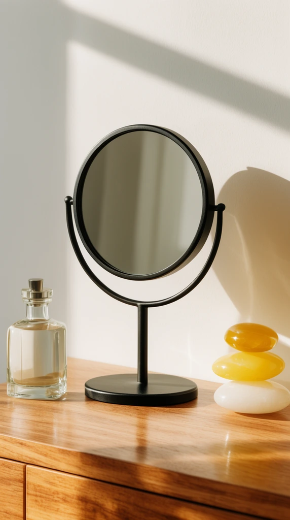 black metal vanity mirror on a wooden console, glass bottle, stacked yellow and white glossy stones, hard warm sunlight, sharp diagonal shadows on a white wall, contemporary product photography