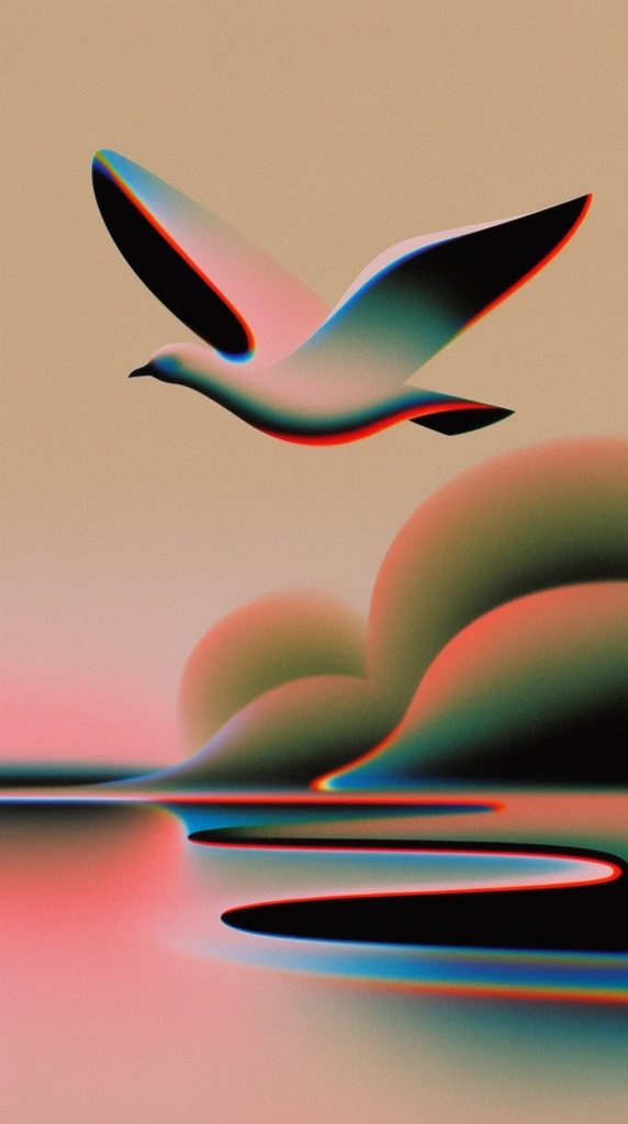 A minimalist, stylized bird glides low over a smooth, undulating expanse of water beside soft, rounded bush formations, all reduced to flowing, biomorphic geometric curves. The scene is rendered as an airbrushed gradient mesh with a velvety, matte finish, utilizing a primary palette of warm, muted sand-beige and hazy coral pink. Deep, solid black shadows sharply define the underbellies of the sweeping wings, the sleek crests of the water ripples, and the sloping bases of the bushes. Intense chromatic aberration fractures these high-contrast edges, projecting vivid, glowing bands of cyan, teal, and bright neon red along every silhouette and graphic contour. A heavy, uniform layer of fine film grain coats the entire composition, lending a tactile, lo-fi texture to the soft, ethereal color transitions and fluid, retro-futuristic forms.