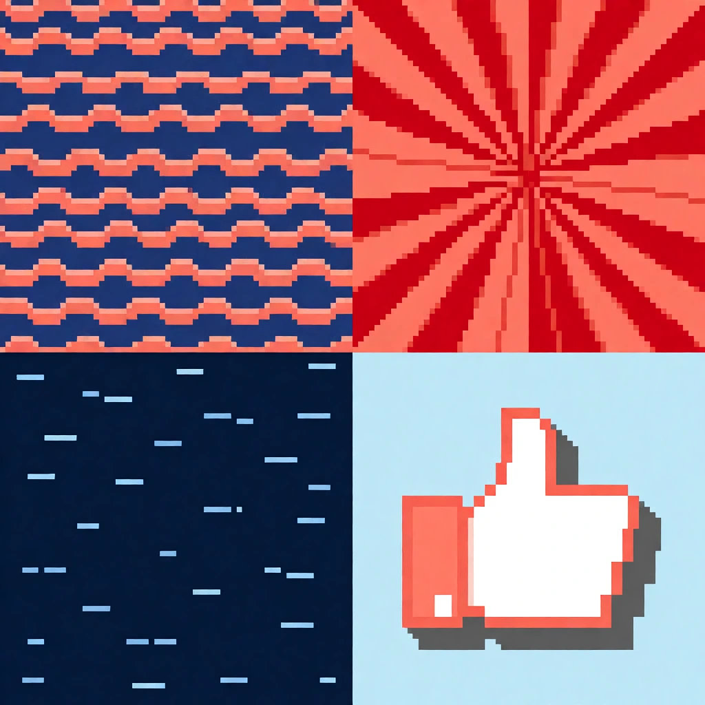 A vibrant 2x2 grid of 8-bit pixel art graphics. The top-left quadrant features undulating coral wave patterns on dark blue. The top-right displays a dynamic radial sunburst in alternating crimson and salmon red. The bottom-left shows a deep navy expanse scattered with short horizontal light-blue pixel streaks. The bottom-right presents a blocky thumbs-up gesture in white with a coral outline and a thick gray drop-shadow against a pale blue backdrop.