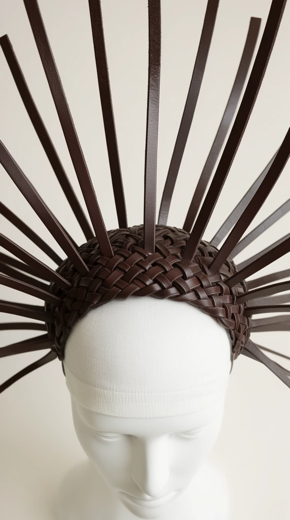 top-down view of an avant-garde dark brown leather headpiece on a smooth white mannequin head, long flat leather straps projecting radially outward like a spiky crown from a densely woven base, tight white fabric skullcap, plain off-white background, soft studio lighting, sculptural fashion design