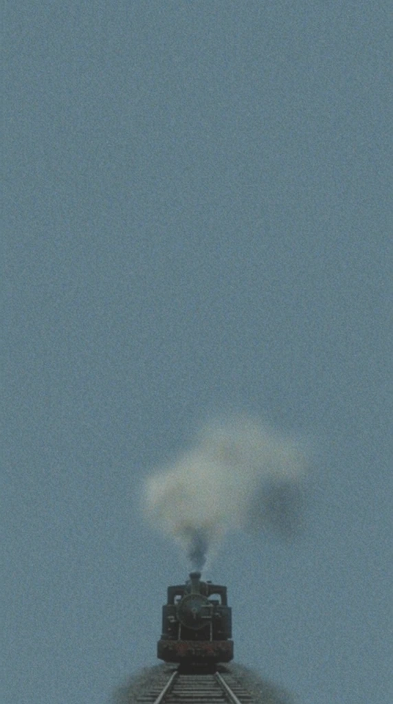 A small steam locomotive on tracks emits a soft plume of smoke, positioned at the very bottom edge of a vast expanse of cool, muted blue. The dark, vintage train engine sits on an isolated, compact stretch of steel rails, releasing a wispy, diffused cloud of pale grey smoke that blends softly into the surrounding environment. The locomotive and tracks occupy only the lower center of the composition, completely enveloped by a massive, flat field of desaturated, slate-blue negative space that heavily dominates the upper portion of the frame. The visual execution is extreme minimalist, utilizing a flattened perspective that compresses the depth of the scene. The image features heavy, coarse film grain, low-contrast rendering, and a lo-fi, soft-focus aesthetic. The lighting is highly diffused and flat, washing the scene in muted cool tones and establishing a stark, quiet, and isolated visual atmosphere.