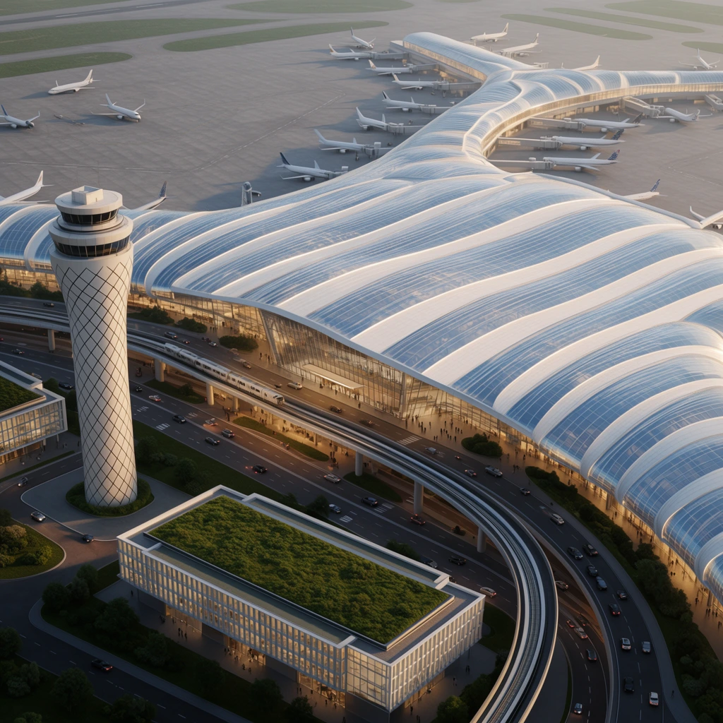 An aerial view of a sprawling modern airport complex illuminated by warm, low-angle sunlight. The central terminal features a massive, undulating roof of alternating translucent ribbed skylights and solid white bands, forming a sweeping wave-like canopy. A tall cylindrical control tower with a diamond-grid facade anchors the left side. Curving, multi-level roadways active with vehicles and an elevated train track wrap around the glass-fronted entrance. A rectangular foreground building is topped with a lush green roof. Expansive grey tarmacs stretch into the background, where multiple white commercial airplanes are docked at gates leading to a secondary curved concourse. The photorealistic architectural visualization highlights precise geometric patterns, monumental scale, and crisp contrasts between cool blue glass and golden illumination.