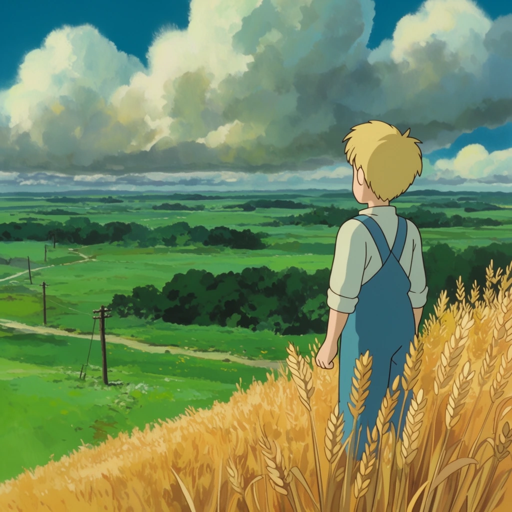 A blond boy in blue overalls stands in a golden wheat field, gazing over a sprawling green rural valley. He faces left amidst tall, stylized wheat stalks on the right side of the frame. Below, a vibrant green landscape unfolds featuring a winding dirt path, wooden telephone poles, and dense dark green forest clusters. The sky holds towering, voluminous cumulus clouds illuminated by bright sunlight against deep blue patches. The artwork mimics traditional cel animation and gouache background painting, using vibrant greens, blues, and yellows with soft, painterly lighting and a wide panoramic composition.