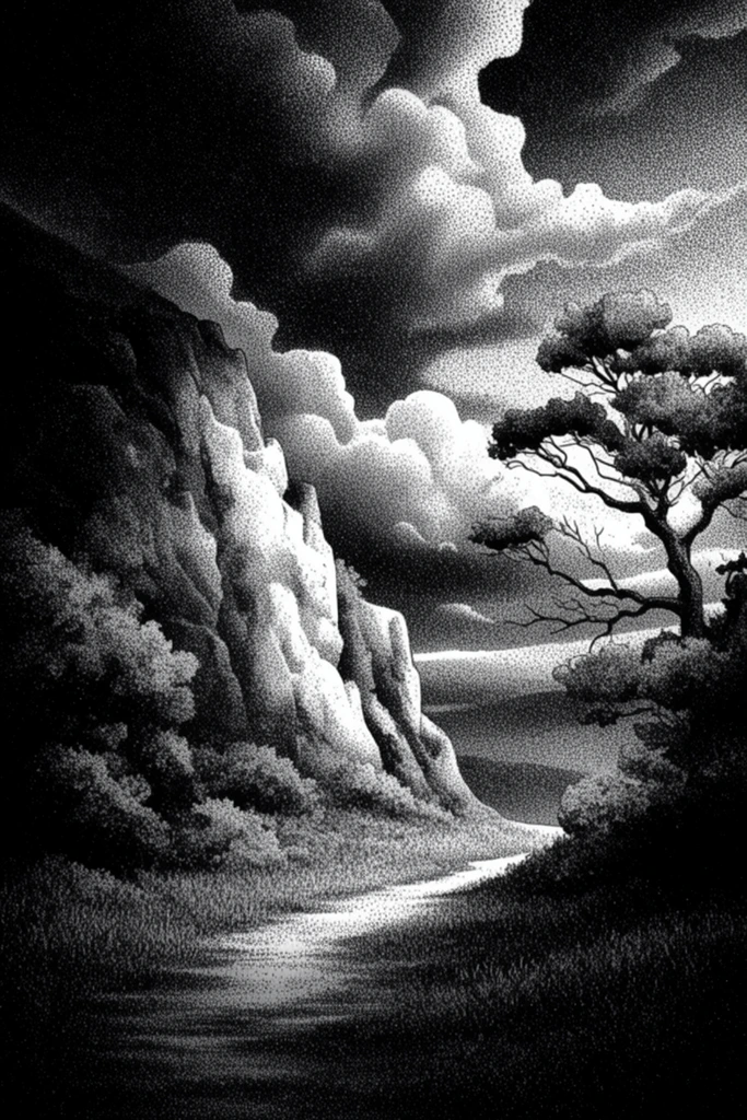 Stippled Chiaroscuro Noir style AI image example 2