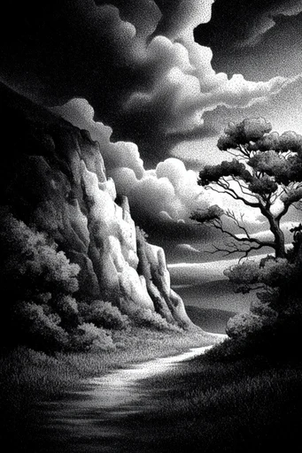 Stippled Chiaroscuro Noir style AI image example 2