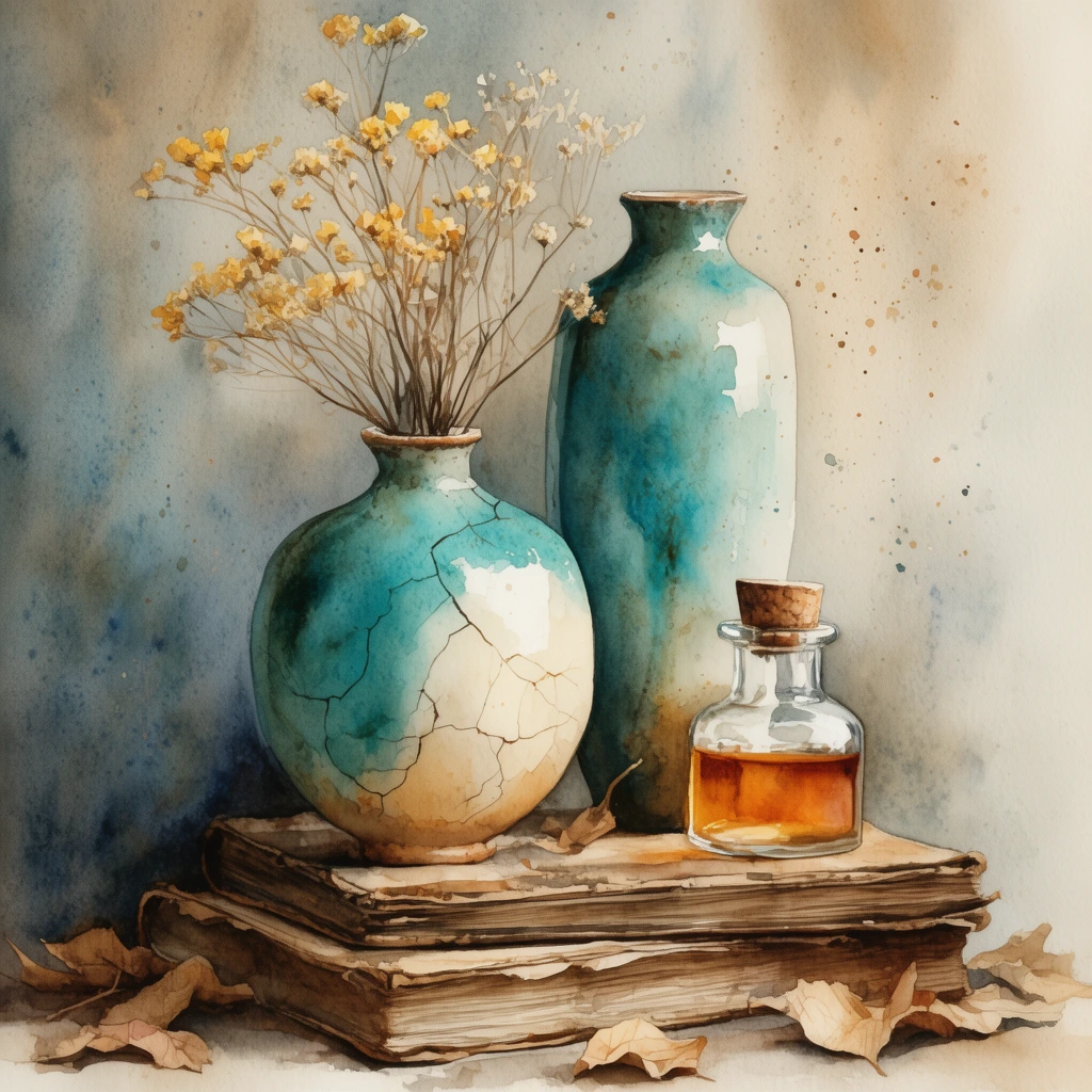 watercolor still life, two cracked turquoise and cream ceramic vases, one bulbous vase holding delicate dried yellow flowers, one tall slender vase, small glass bottle containing amber liquid and a cork stopper, arranged on a stack of weathered antique books with scattered dry leaves, mottled blue-gray and beige background, loose wash technique, visible paper texture, subtle paint splatters, wabi-sabi aesthetic, soft earthy lighting