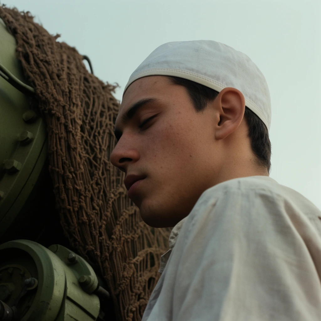 profile of a young man with eyes closed, white skullcap, light shirt, leaning near olive green machinery draped in brown netting, pale sky background, low angle, cinematic 35mm photography