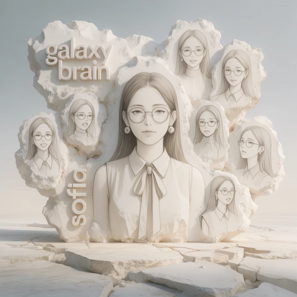 A central prominent drawing of a woman from the chest up, wearing round glasses, a sleeveless collared shirt with a tied ribbon, and round earrings, materialized as a monumental, rough-hewn white plaster and chalky stone relief within a vast, minimalist dreamscape. Surrounding her are six smaller drawings of a woman with round glasses and long hair in various poses and expressions, some wearing a high-collared shirt and others a sleeveless collared shirt, all rendered as three-dimensional sculptural forms with fractured, organic rock textures along their edges. In the upper left, three-dimensional carved text reading "galaxy brain" is embedded in the composition, complemented by vertically oriented text reading "sofia" in the lower left. The entire scene features a pale, monochromatic analogous color palette of alabaster, cream, and soft beige, set against a pristine, muted blue-grey atmospheric sky. Soft, ethereal directional lighting from the upper left casts deep, serene shadows and soft ambient occlusion across the fragmented, cracked stone ground planes, creating a highly detailed, photorealistic rendering with a tranquil, surrealist architectural aesthetic.