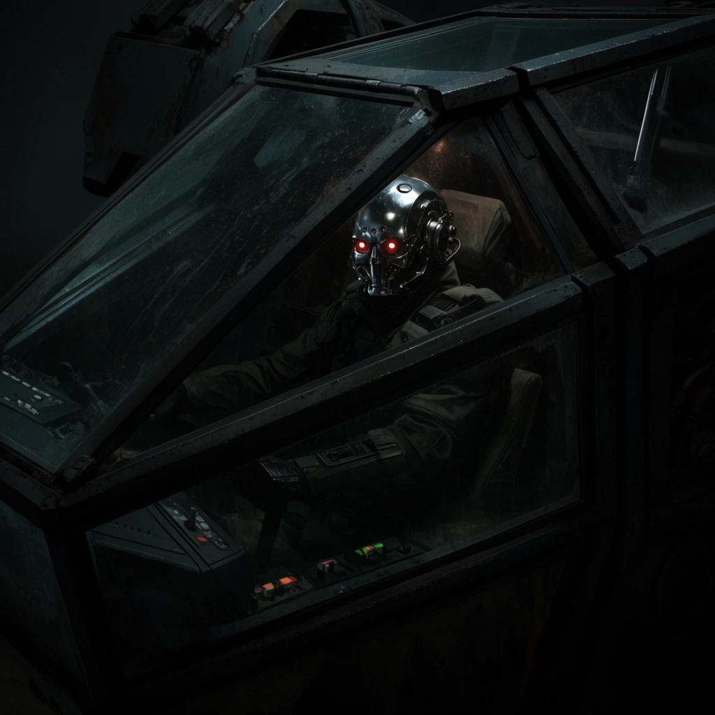 A cybernetic soldier with a chrome helmet and glowing red optics sits inside the dark, angular cockpit of an industrial mech-walker. The figure peers through heavy, reinforced glass panels framed by thick metal struts. Deep shadows and moody, cinematic lighting obscure the interior, while faint ambient light highlights dashboard controls.