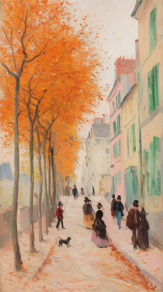 impressionist street painting, uphill path, vibrant orange autumn foliage, slender trees, 19th-century pedestrians, small dog, pastel buildings, green shutters, textured brushstrokes