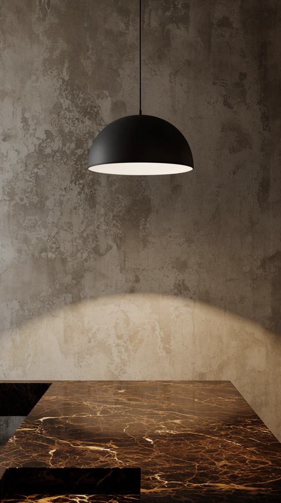 Matte black dome pendant light hanging from a thin cord, glowing white interior, polished dark brown marble countertop with intricate gold veining in the lower foreground, highly textured mottled grey and taupe concrete background wall, distinct semi-circular pool of warm light cast onto the wall, moody cinematic lighting, minimalist interior architecture, rich earth tones, contrasting rough plaster with sleek stone