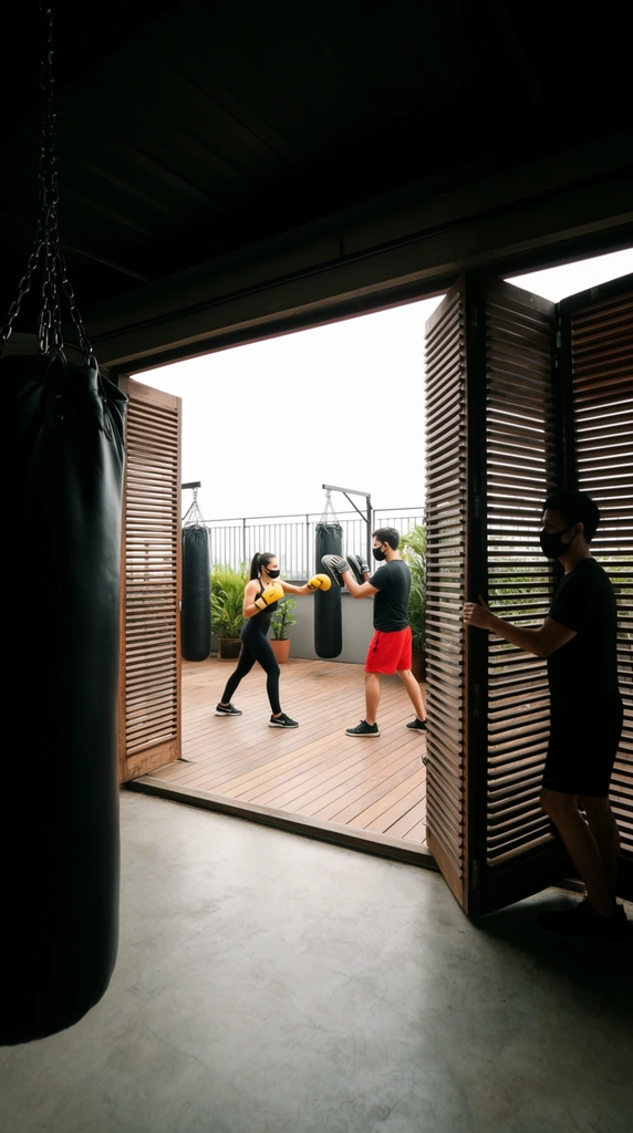 A high-contrast view from a shadowed interior looking through expansive horizontal wooden slatted bi-fold doors onto a bright rooftop terrace. A large black punching bag hangs from chains in the dim left foreground. On the sunlit wooden deck outside, a woman in black athletic wear and yellow boxing gloves punches focus mitts held by a man in red shorts. To the right, a third man holds the edge of the heavy folding door. All three individuals wear black face masks. The outdoor training space features two additional black punching bags, potted green plants, and a metal railing under an overcast sky, framed perfectly by the dark interior architecture.