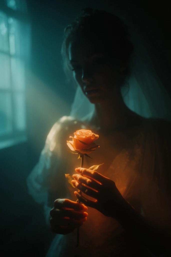 A woman in a wedding dress holds a single rose in a deeply shadowed, atmospheric environment. Strong, directional teal light streams from a window on the left, highlighting the edge of her shoulder and casting her facial features and the surrounding fabric into heavy chiaroscuro shadow. Her hands, positioned in the lower foreground, delicately grip the stem of the rose, which is vividly illuminated by a localized, warm amber light shining upward. The extreme contrast between the deep cyan ambient shadows and the bright orange foreground illumination creates a moody, cinematic color grading. Dense volumetric haze permeates the space, pushing the dark environment into a softly blurred, shallow depth of field. The image is rendered with photorealistic sharpness on the lit rose and hands, overlaid with a subtle cinematic film grain.