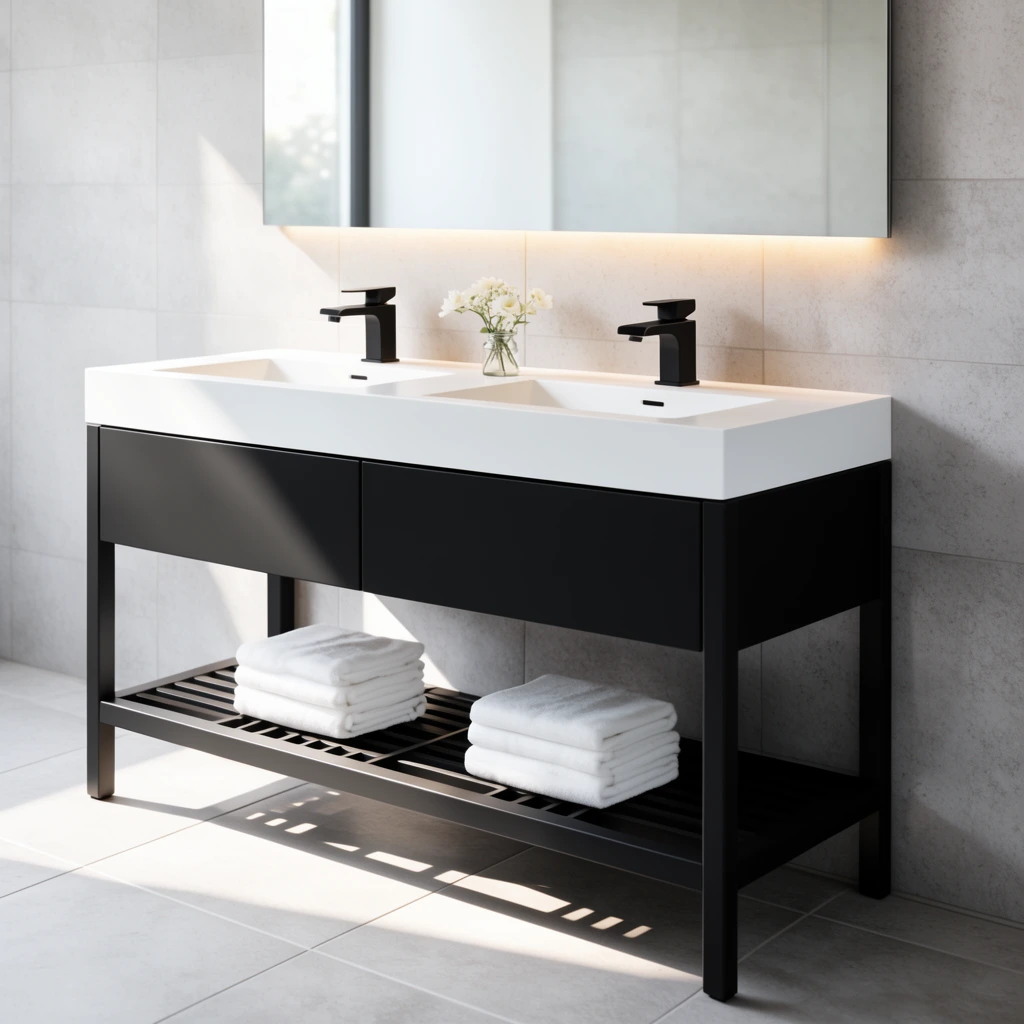 A modern minimalist double bathroom vanity sits against a textured light grey tile wall. The vanity features a matte black base with two flush drawers and a slatted lower shelf holding two neat stacks of folded white towels. A pristine white double basin counter is equipped with two geometric matte black faucets with angular spouts. A small glass jar with delicate white flowers rests between the sinks. A large frameless rectangular mirror hangs above, emitting a soft warm backlight along its bottom edge. Strong natural sunlight streams from the left, casting sharp diagonal shadows across the dark cabinet, slatted shelf, and square floor tiles, emphasizing crisp architectural lines and a bright, high-contrast contemporary interior photography aesthetic.