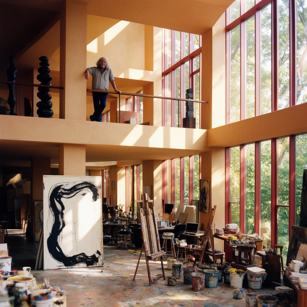 A wide-angle photograph of a sprawling, two-story modern artist studio bathed in bright sunlight. A man with long gray hair leans casually against a tan pillar on a mezzanine balcony overlooking the space, with dark stacked sculptures nearby. The ground floor is a chaotic workspace featuring a paint-splattered floor, scattered buckets, an easel, and a large canvas leaning against a column displaying a sweeping black abstract form. Towering floor-to-ceiling windows with reddish frames reveal lush trees outside, casting warm geometric beams of light across the cluttered interior. Captured with an analog film aesthetic highlighting the monumental architectural scale.
