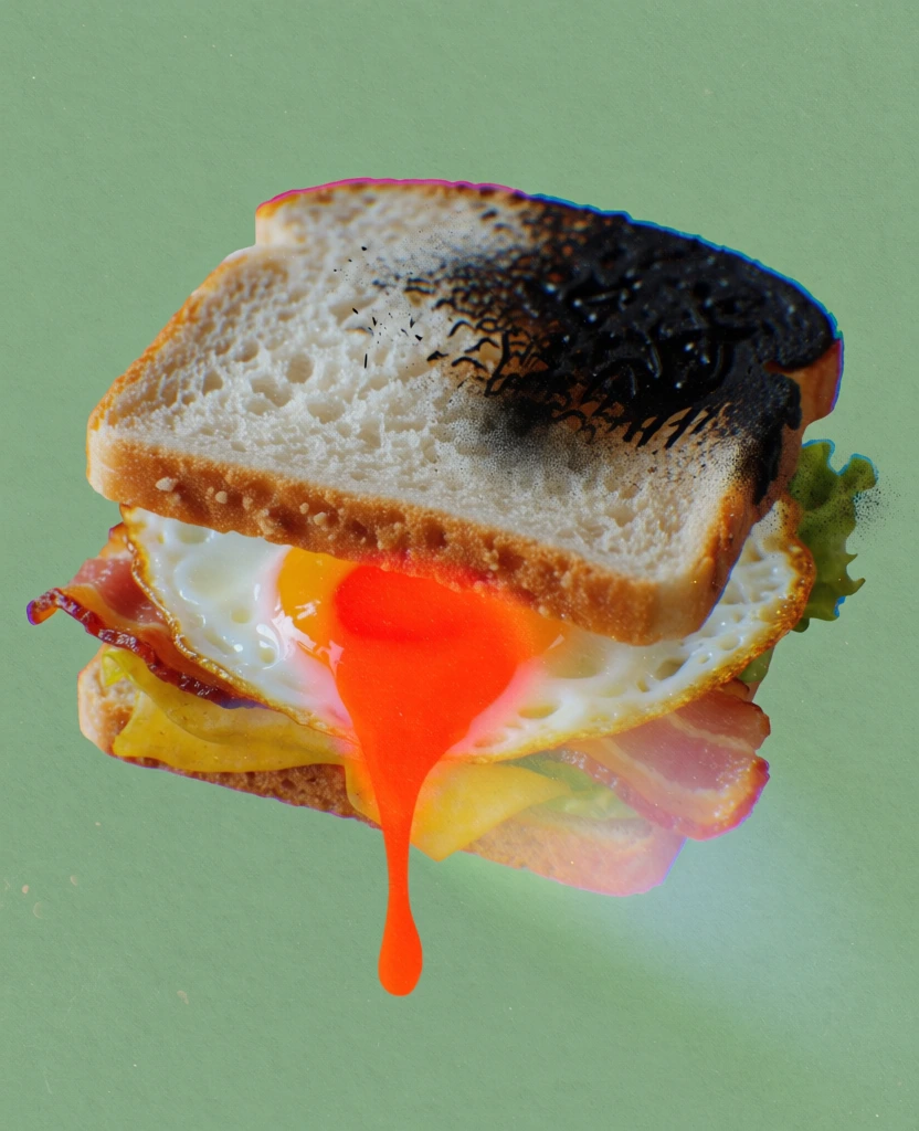 a centrally located sandwich against a textured sage green backdrop, top bread slice with charred grill marks in charcoal spray-paint, a fried egg with a vibrant neon-orange yolk dripping like liquid light, bacon and lettuce layers, the subject rendered in a soft-focus airbrushed aesthetic with heavy silhouettes and glowing electric orange halos, vertical light leaks, cyan chromatic bleeds, dense analog film grain, risograph stipple textures, high-contrast chiaroscuro