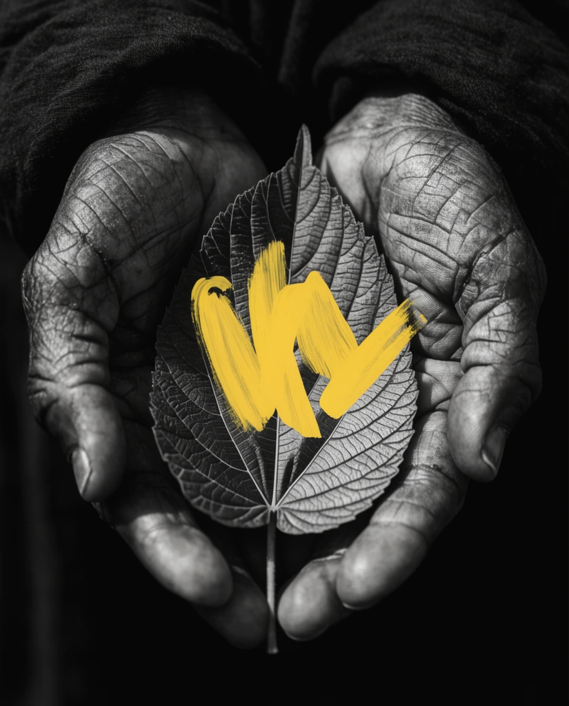 Weathered, cupped hands hold a large, deeply veined leaf in a close-up monochromatic photograph. Bold, abstract yellow paint strokes overlay the center. The heavily creased hands emerge from a pitch-black background bordered by dark fabric. High-contrast lighting emphasizes rough skin textures and delicate botanical structures against deep shadows.