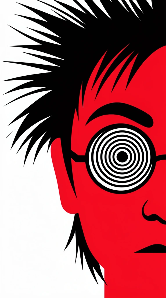 A high-contrast vector graphic of a vertically bisected red face on a solid white background. The visible left half features wild spiky black hair, an arched eyebrow, and round black glasses framing a hypnotic concentric-circle eye.