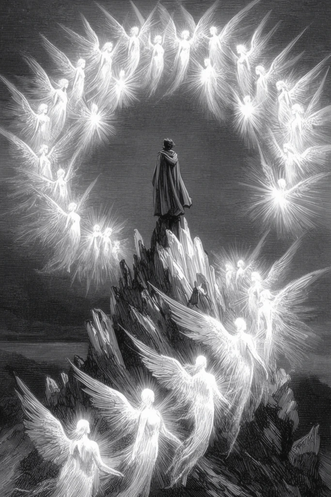 A solitary wanderer in a heavy flowing cloak stands atop a jagged crystalline peak, gazing upward at a massive, luminous archway formed by countless ethereal winged beings. Rendered in a highly detailed, high-contrast black and white engraving style with dense cross-hatching, the overarching winged figures radiate intense starbursts of solid white light. Their delicate forms are defined by brilliant, sweeping lines against a dark, finely lined sky. A dynamic spiral of larger, similarly radiant winged entities ascends from the base of the jagged peak, their ethereal bodies glowing with intense energy and outstretched feathered wings. Dramatic chiaroscuro emphasizes the celestial forms, contrasting their brilliant linear halos against the deep, meticulously etched shadows of the rocky landscape.