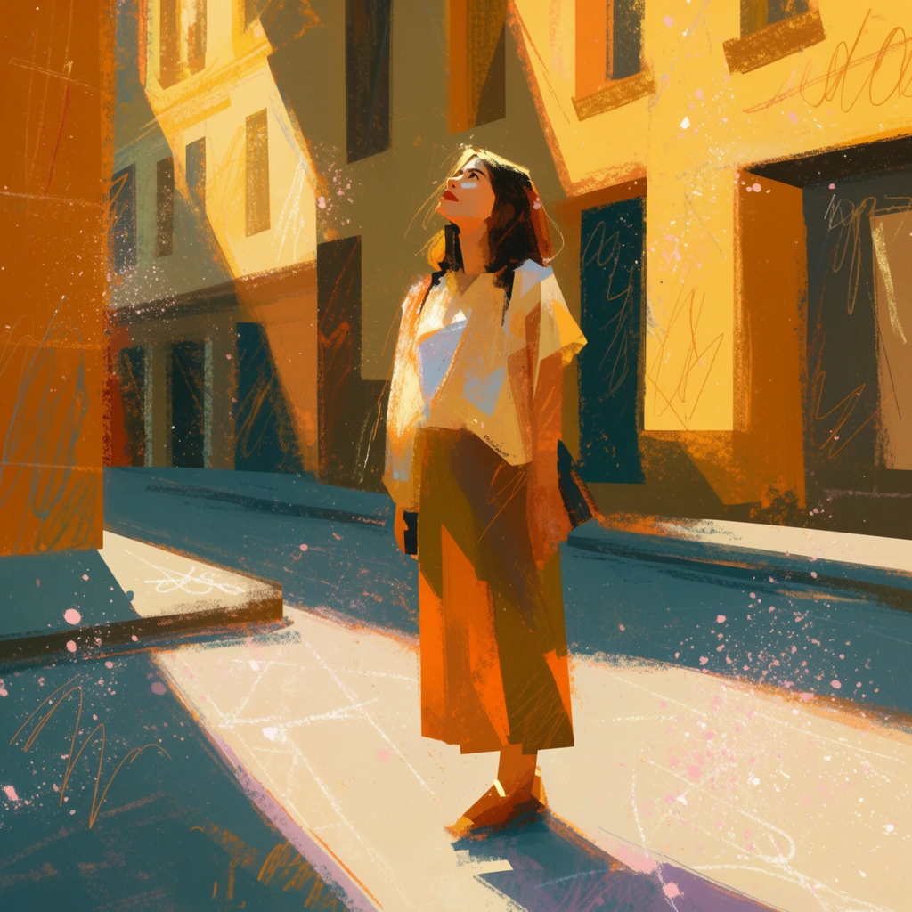 A woman looking up on a city street rendered as an impressionistic digital painting characterized by stylized geometric planes and highly textured brushstrokes. The woman and the surrounding blocky, angular urban architecture are constructed from solid, flat color fields edged with rough dry-brush marks. Dramatic, directional, sun-drenched lighting casts stark, hard-edged shadows in deep teal and cool grayish-purple across the pavement and building facades. Vibrant golds, burnt oranges, and warm ochres illuminate the sunlit areas, creating a high-contrast, luminous atmosphere. Loose, chalk-like scribbles and energetic linework overlay the solid architectural surfaces, while tiny speckles and splatters of blush pink and white paint float in the air like dust particles catching the light, adding a tactile, painterly grit to the vibrant aesthetic.