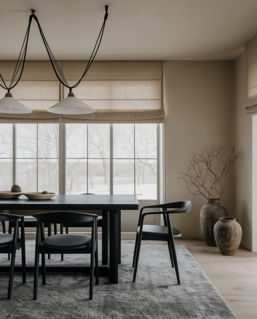 minimalist dining room, dark rectangular table, black wood chairs, sweeping black cord pendant lights with white shades, large window, beige roman blinds, grey textured rug, rustic floor vases with bare branches, soft diffused daylight, neutral color palette, wabi-sabi aesthetic, interior architectural photography