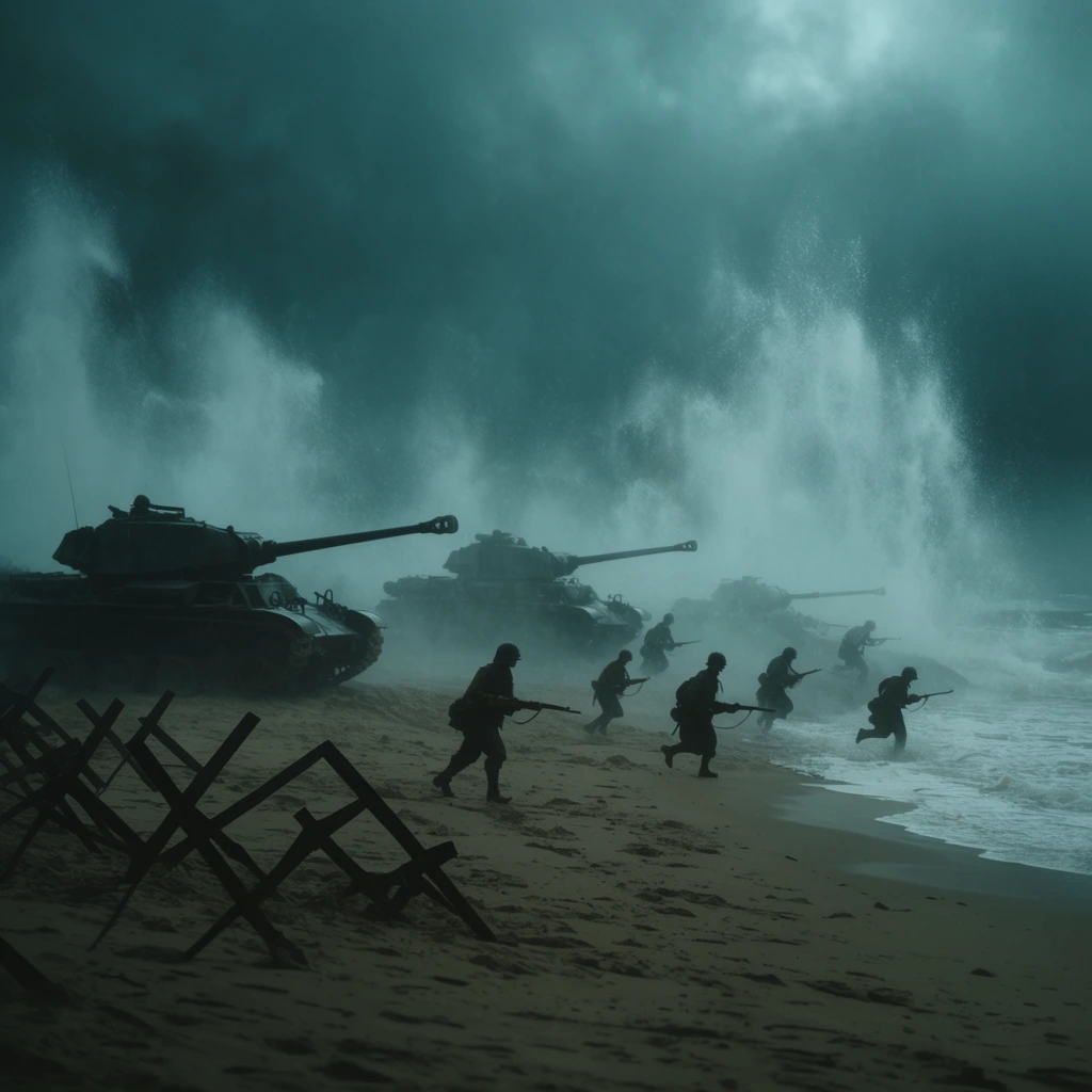 soldiers charging a sandy beach alongside heavy tanks, dark silhouettes with rifles, foreground metal obstacles, towering water plumes, stormy teal palette, cinematic atmospheric mist