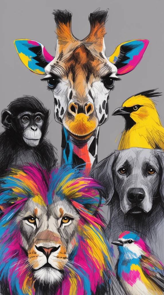 A tight portrait of six stylized animal heads against a flat grey background, rendered in energetic black cross-hatching with vibrant cyan, magenta, and yellow splashes. A central giraffe with brightly painted ears is flanked by a dark monkey, a yellow bird profile, a shaded grey dog, a lion with a vivid multi-colored mane, and a small painted bird. The composition merges raw sketch lines with vivid, expressive color blocks.