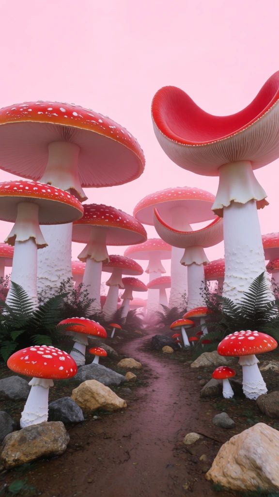 A surreal landscape features towering, giant mushrooms with vibrant red caps and thick white stalks rising above a winding dirt path under a solid, pale pink sky. The primary subjects are the colossal mushrooms, some with classic convex caps speckled with white spots and others with upward-curving, cup-like red caps, all supported by massive, textured white stems that resemble tree trunks. In the foreground, smaller mushrooms with bright red caps and white stalks are scattered across the damp, brown earth and nestled among various grey and tan rocks. Low-lying dark green ferns and sparse foliage sprout from the ground around the bases of the larger mushrooms. A narrow, muddy path leads from the bottom center toward the horizon, disappearing between the dense thicket of mushroom stems. The composition uses a low-angle perspective to emphasize the overwhelming scale of the fungi, which fill the upper portion of the frame with their broad canopies. The lighting is soft and ambient, casting minimal shadows and bathing the entire scene in a dreamlike, ethereal glow. The color palette is dominated by the saturated red of the mushroom caps, the bright white of their stalks and spots, the deep green of the ferns, and the pervasive pastel pink of the hazy atmosphere.