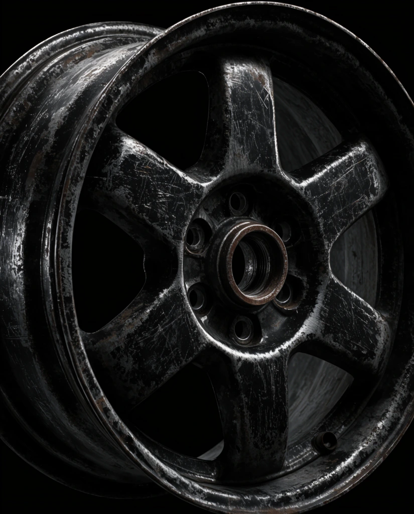 weathered six-spoke car wheel rim, heavily distressed black metal, deep scratches revealing raw steel, central hub, dramatic low-key lighting, solid black background, grunge aesthetic, high contrast, industrial texture