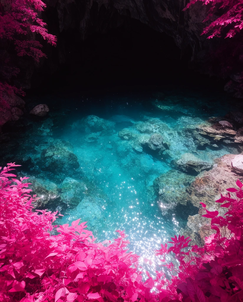 A luminous turquoise pool inside a dark rocky cavern, framed by striking magenta and pink foliage resembling infrared photography. Sparkling sunlight scatters across the crystal-clear water, revealing submerged rock formations that contrast sharply with the pitch-black shadows of the cave ceiling above.
