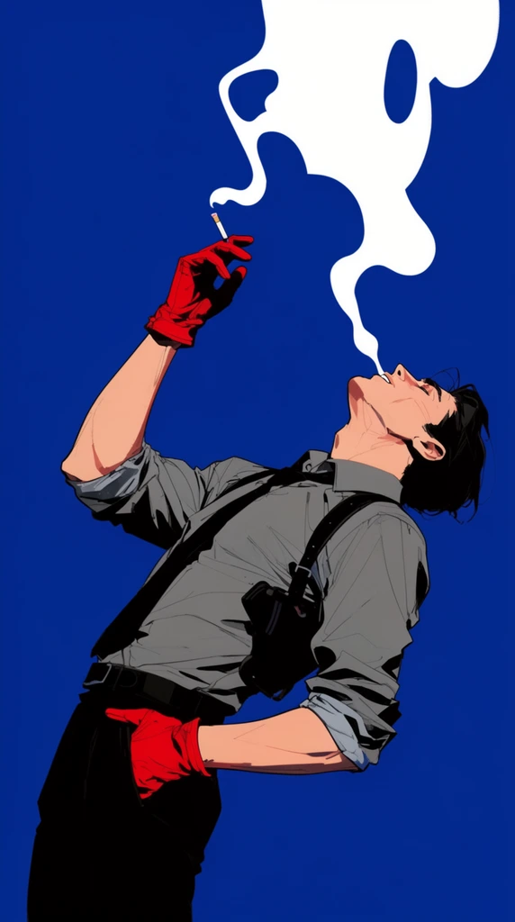 A dynamic graphic illustration of a man leaning back dramatically against a solid cobalt blue background. Viewed from a low angle, the figure tilts his head completely upward. He is dressed in a grey button-down shirt with rolled sleeves, a loose black tie, black trousers, a black shoulder holster strap, and bright crimson gloves. His left hand rests in his pocket, while his right hand holds a lit cigarette high above him. A massive, opaque white plume of smoke rises from the cigarette tip, forming a fluid, almost sculptural abstract shape. The artwork features high-contrast lighting with stark black shadows, crisp linework, and flat, vibrant color blocking reminiscent of modern comic aesthetics.