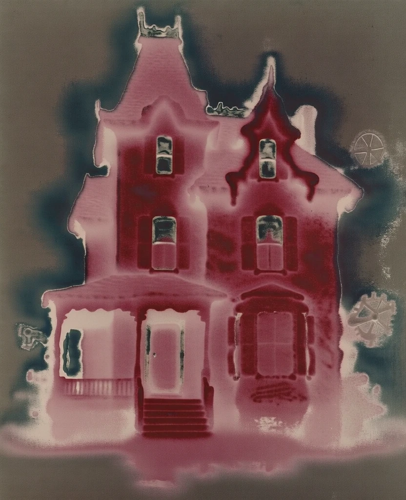 surrealist victorian house with ornate gables and spires, floating mechanical gears, solarized and inverted color palette, deep bruised reds, muted pinks, charcoal green background, granular airbrushed texture, ghostly distorted silhouette, high-contrast glowing highlights, soft bleeding edges, painterly aesthetic, grainy photo-negative effect, mechanical parts etched into a hazy atmosphere, moody atmospheric composition, expressive and unsettling visual style, low-resolution analog film grain.
