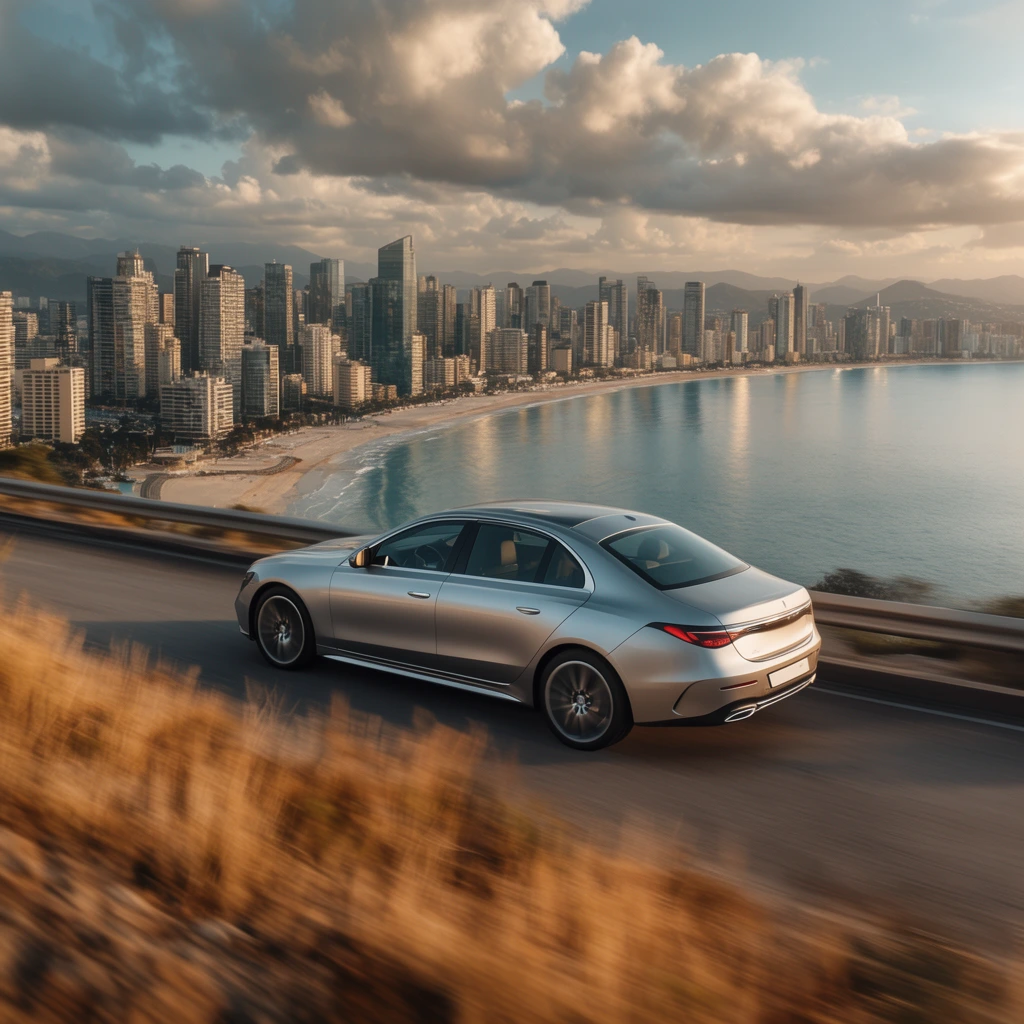 sleek silver luxury sedan driving on an elevated coastal road, dynamic rear three-quarter view, heavy motion blur on foreground dry grass and hillside, camera tracking the sharp vehicle, dense coastal city skyline in the panoramic background, tall skyscrapers hugging a sandy bay, calm blue water reflecting dramatic clouds, distant mountains, warm golden hour sunlight, cinematic automotive photography