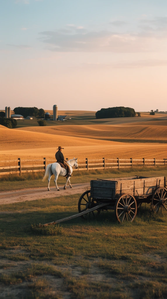 A solitary figure rides a white horse along a dirt track cutting through a vast, rolling landscape bathed in warm golden-hour light. A wooden fence borders undulating golden fields stretching toward distant farm silos and dark green tree clusters. An old wooden wagon with spoked wheels rests on patchy grass in the right foreground beneath a soft pale blue and peach sky.