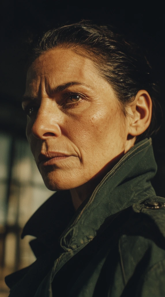 Extreme close-up of a weathered middle-aged woman with sharp features looking off-camera. She has slicked-back dark hair and wears a thick, high-collared dark green trench coat. Harsh, warm side lighting illuminates her textured skin, casting deep chiaroscuro shadows across the right side of her face. The background is a dark void with soft, out-of-focus industrial shapes. Rendered with 35mm film aesthetics, high contrast, shallow depth of field, and a tense cinematic atmosphere.