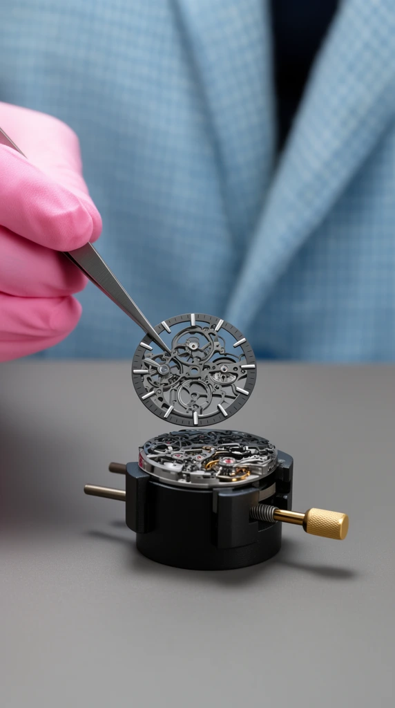 pink gloved hand holding metal tweezers, suspending a skeletonized dark grey watch dial above an intricate mechanical movement, movement clamped in a black cylindrical vice with a gold stem, matte grey surface, blurred background of a person in a light blue checkered coat, macro photography, shallow depth of field, clean studio lighting