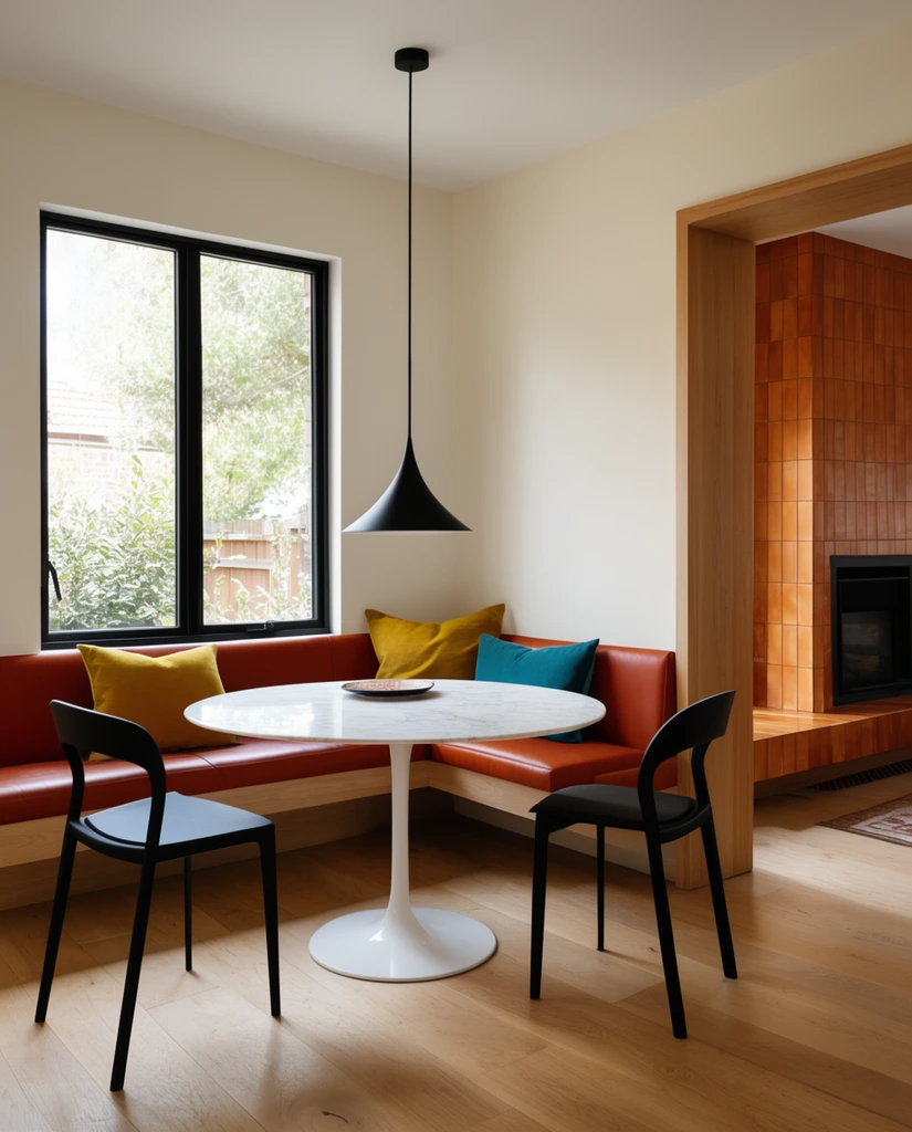 A modern built-in breakfast nook features a round white marble pedestal table, two black dining chairs, and a rust-orange leather corner bench accented with mustard and teal pillows. A sleek black cone pendant lamp hangs against cream walls. Set on light oak plank floors beside a black-framed window, a wide wooden doorway on the right reveals a warm adjoining room with a tiled fireplace.