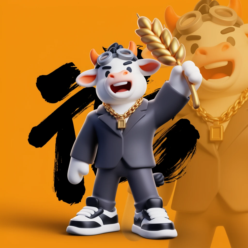 A 3D-rendered anthropomorphic white calf character stands triumphantly against a vibrant golden-orange background. The stylized figure features small orange horns, dark hair tufts, and goggles resting on its forehead, with its mouth open in an energetic cheer. It wears a tailored dark gray suit jacket, a thick gold chain with a rectangular pendant, and chunky black-and-white sneakers. Its raised left hand proudly grasps a stylized golden stalk of wheat. Bold, abstract black ink brushstrokes sweep dynamically behind the central figure. A faint, oversized monochromatic silhouette of the character subtly blends into the right side of the volumetrically lit composition, evoking a premium designer toy aesthetic with smooth shading and gentle drop shadows.
